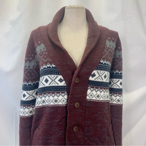 Cozy Y2K Cardigan Sweater with Geometric Pattern and Shawl Collar - Picture 2 of 9